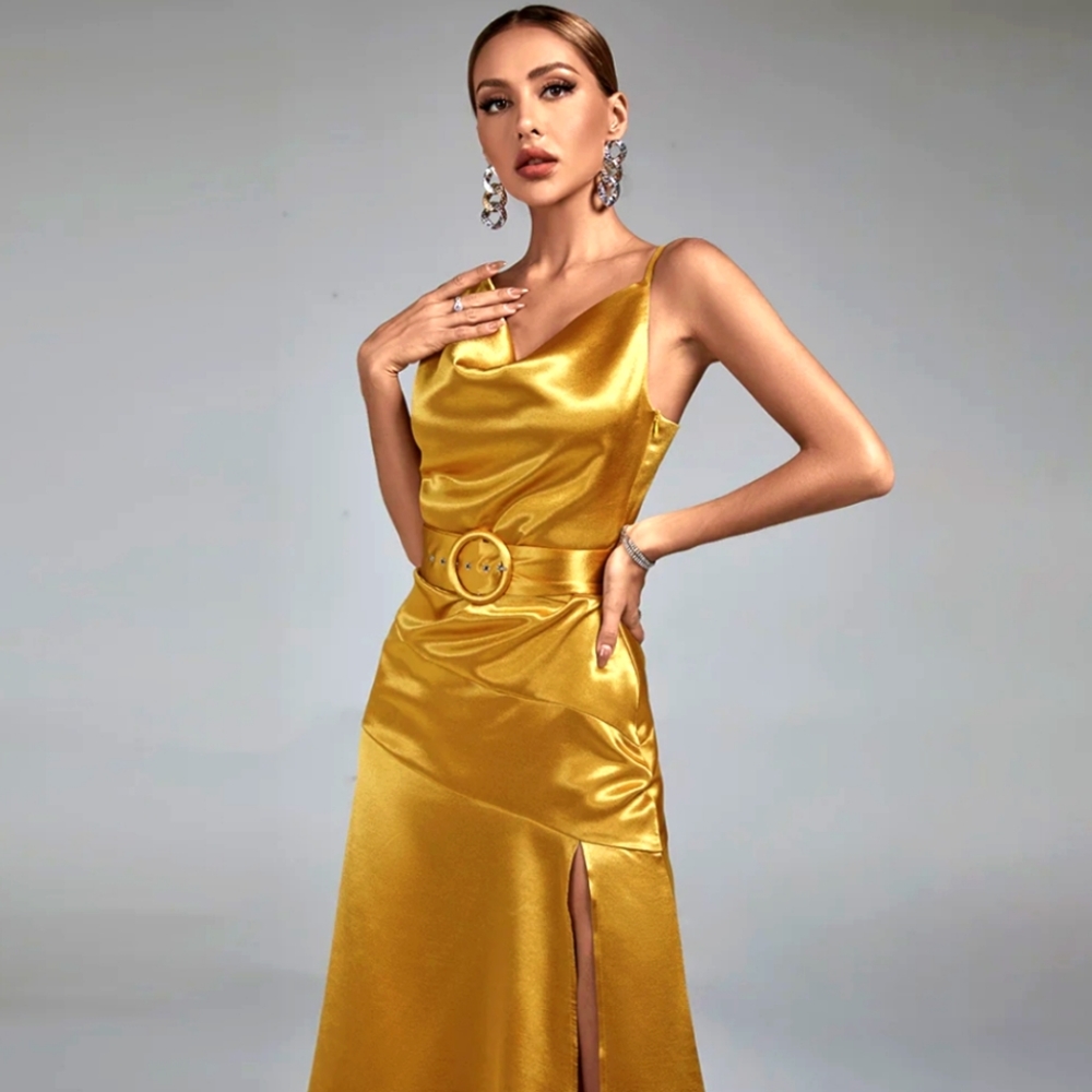 Golden Satin Dress with belt XS-L